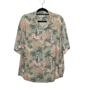 Free Planet men beige green Hawaiian short sleeves button shirt size XL